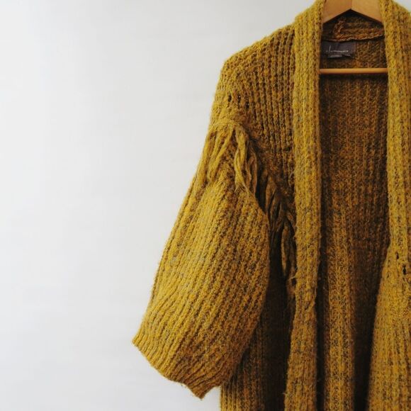 Anthropologie OS Stevie Boho Fringe Marled Knit Mustard Yellow Cardigan Sweater - Picture 2 of 15